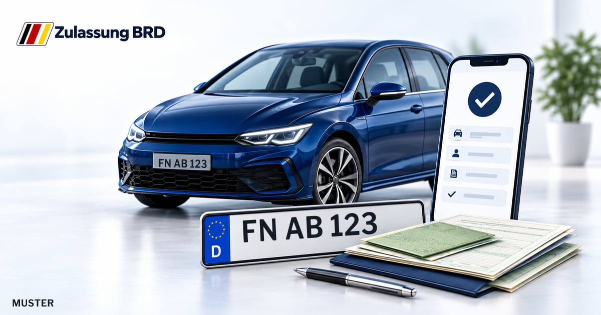 Online Fahrzeugzulassung in Salem: Musterkennzeichen FN AB 123, Auto und Fahrzeugpapiere und Smartphone. Illustration mit Logo von Zulassung BRD.